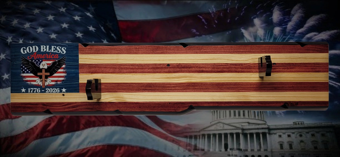 Walker Wood Gifts Gun Display Rustic 250th Freedom American Flag Lever Action Gun Display Faux Live Edge Pine