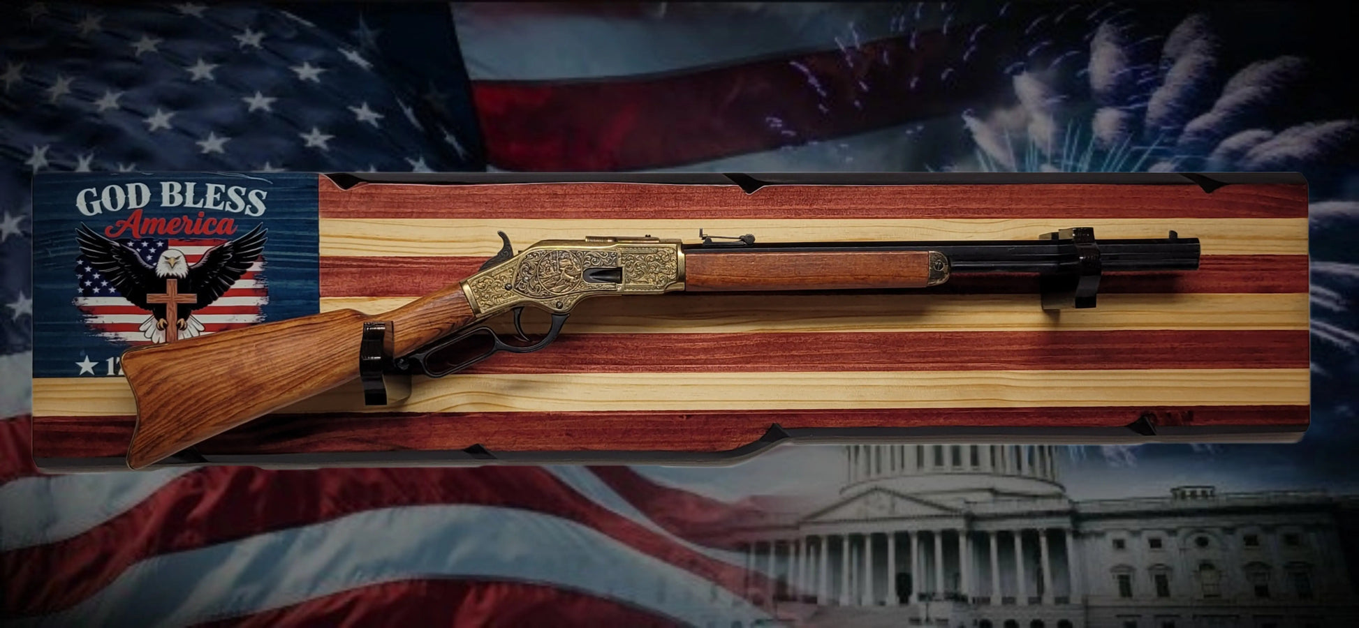 Walker Wood Gifts Gun Display Rustic 250th Freedom American Flag Lever Action Gun Display Faux Live Edge Pine