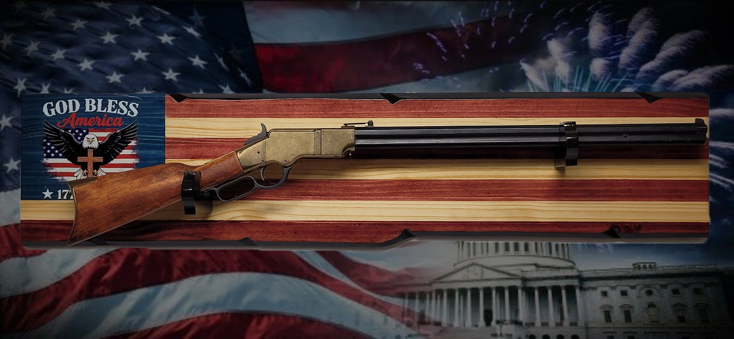 Walker Wood Gifts Gun Display Rustic 250th Freedom American Flag Lever Action Gun Display Faux Live Edge Pine