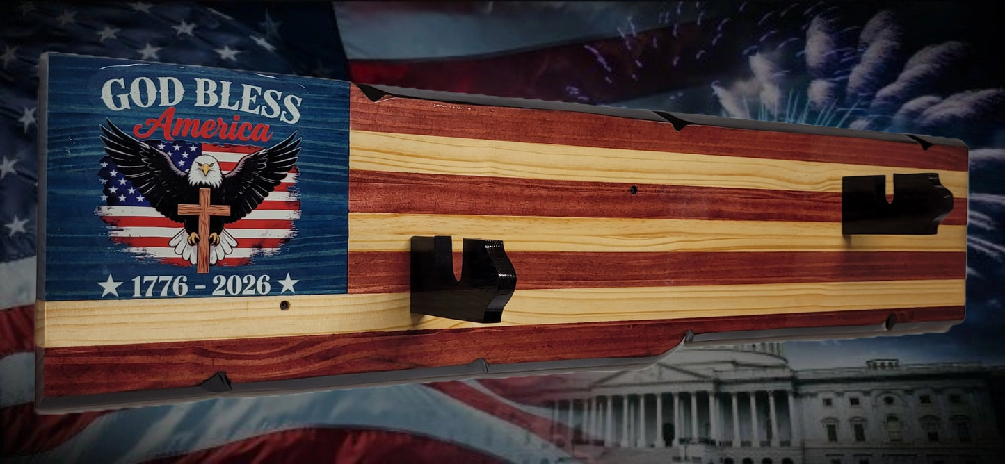 Walker Wood Gifts Gun Display Rustic 250th Freedom American Flag Lever Action Gun Display Faux Live Edge Pine