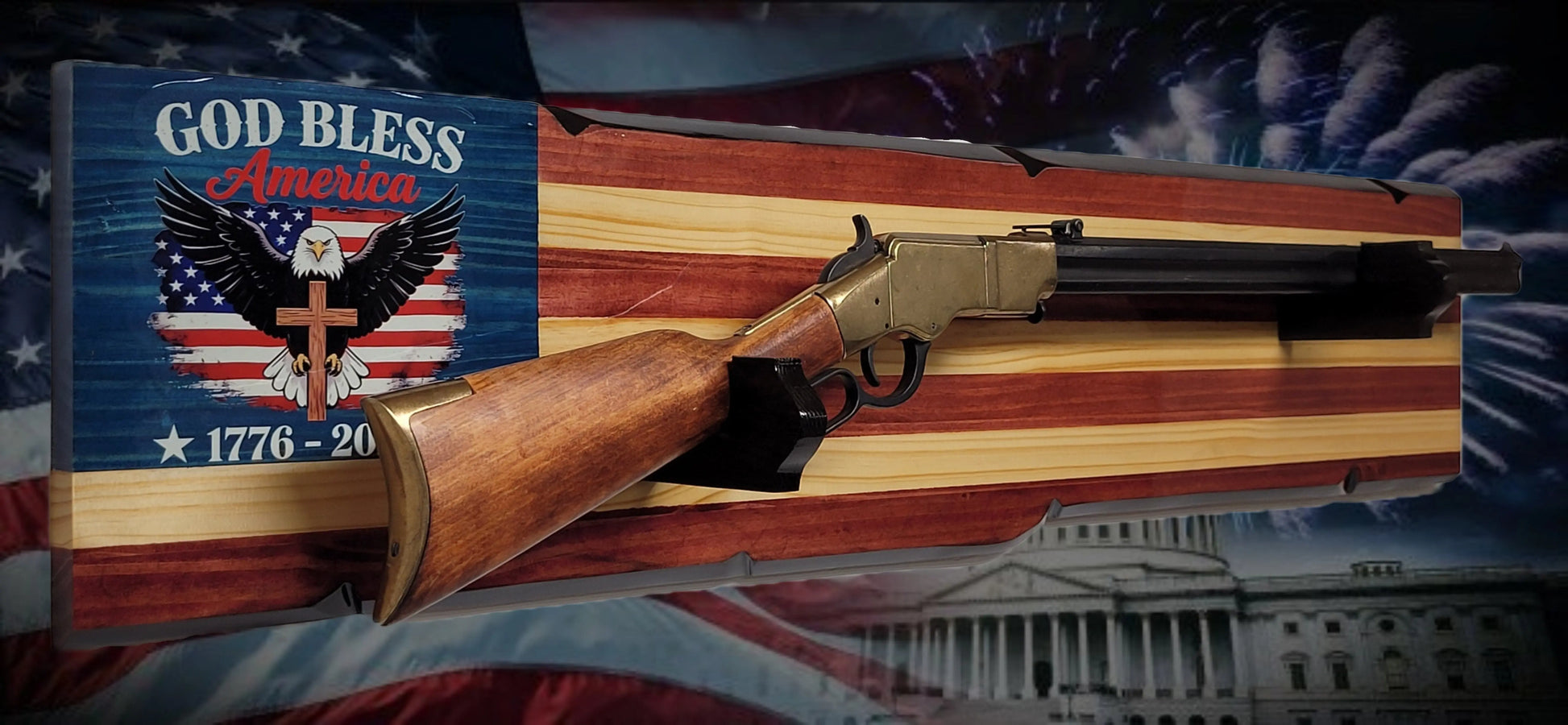 Walker Wood Gifts Gun Display Rustic 250th Freedom American Flag Lever Action Gun Display Faux Live Edge Pine