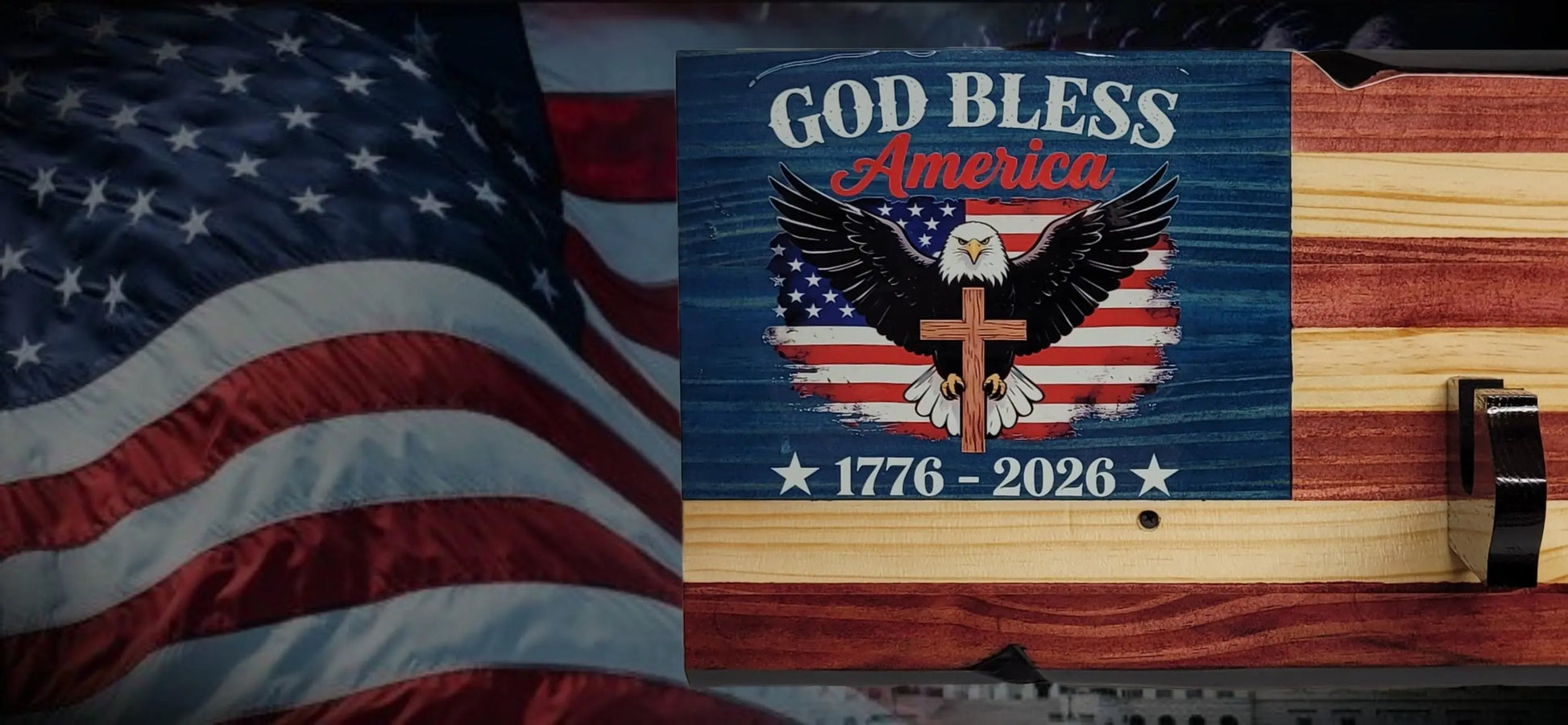 Walker Wood Gifts Gun Display Rustic 250th Freedom American Flag Lever Action Gun Display Faux Live Edge Pine