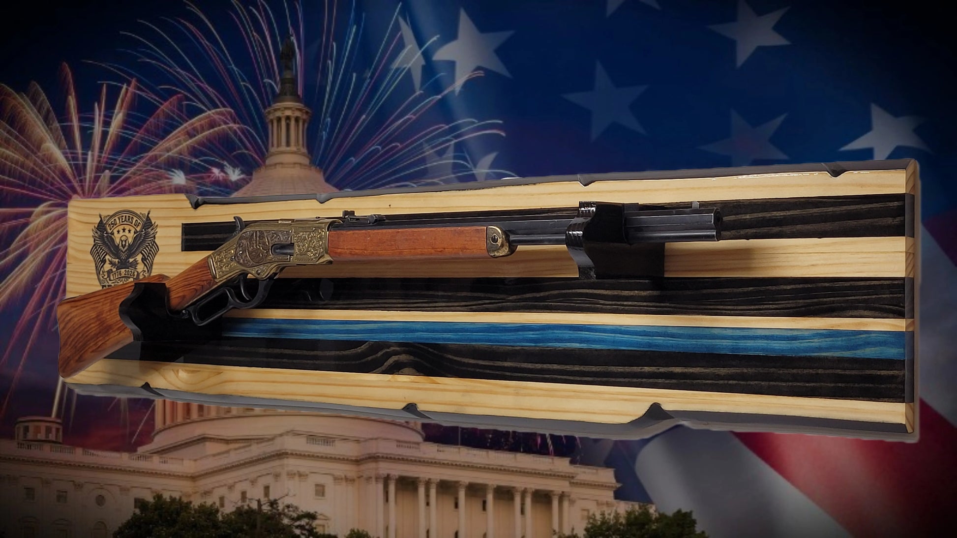 Walker Wood Gifts Gun Display Rustic 250th Freedom USA Lever Action Gun Display Blue Line Faux Live Edge Pine