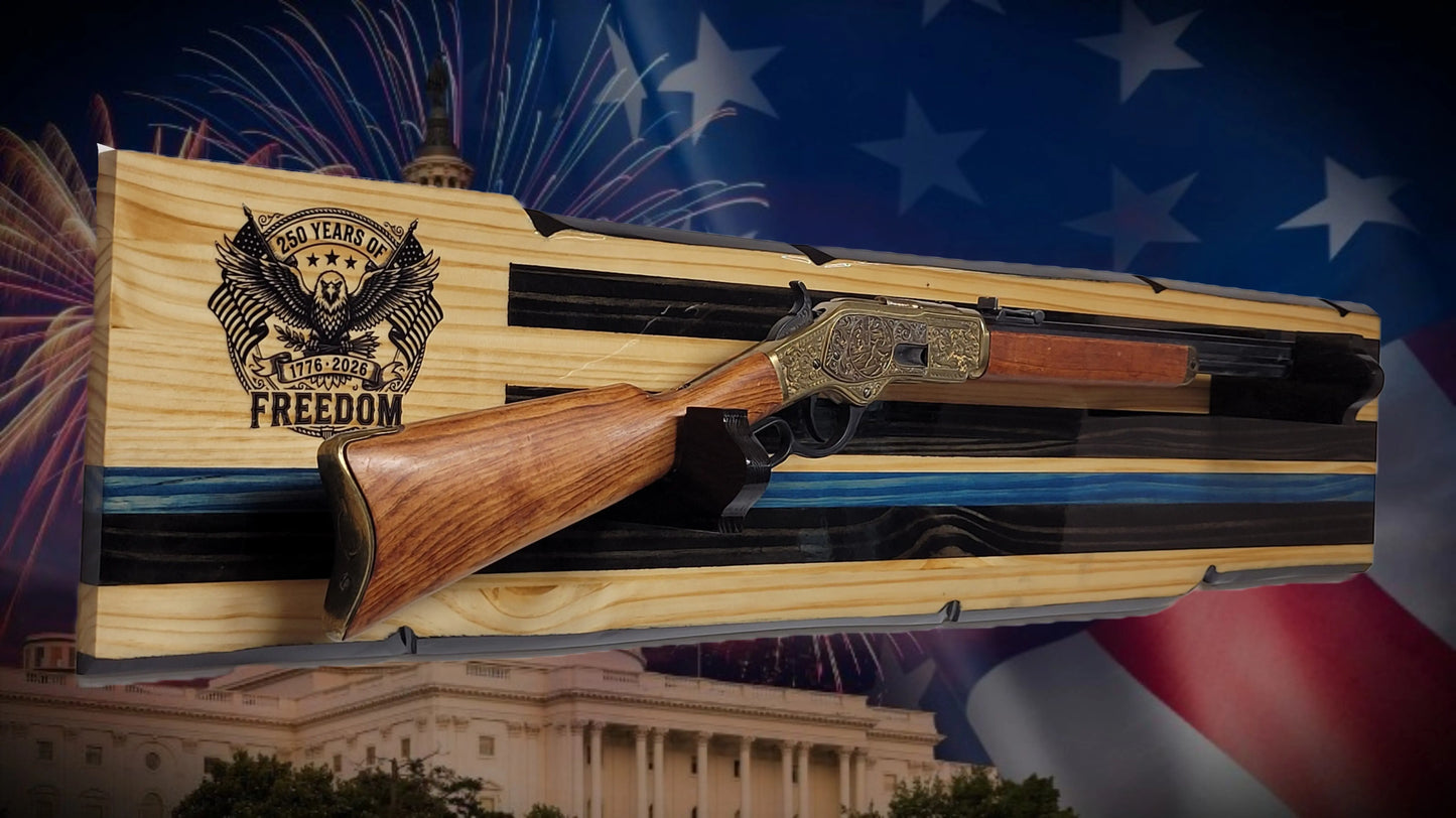 Walker Wood Gifts Gun Display Rustic 250th Freedom USA Lever Action Gun Display Blue Line Faux Live Edge Pine