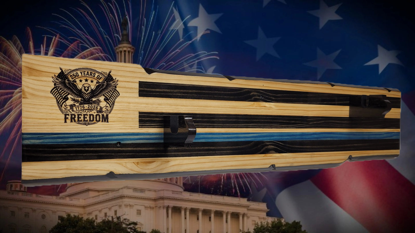 Walker Wood Gifts Gun Display Rustic 250th Freedom USA Lever Action Gun Display Blue Line Faux Live Edge Pine