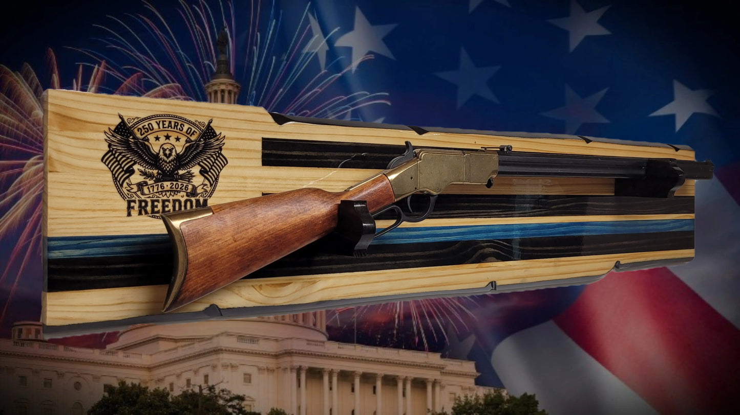 Walker Wood Gifts Gun Display Rustic 250th Freedom USA Lever Action Gun Display Blue Line Faux Live Edge Pine