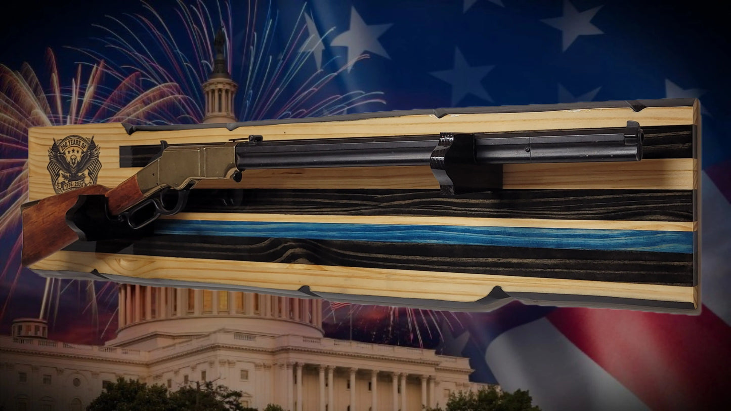 Walker Wood Gifts Gun Display Rustic 250th Freedom USA Lever Action Gun Display Blue Line Faux Live Edge Pine