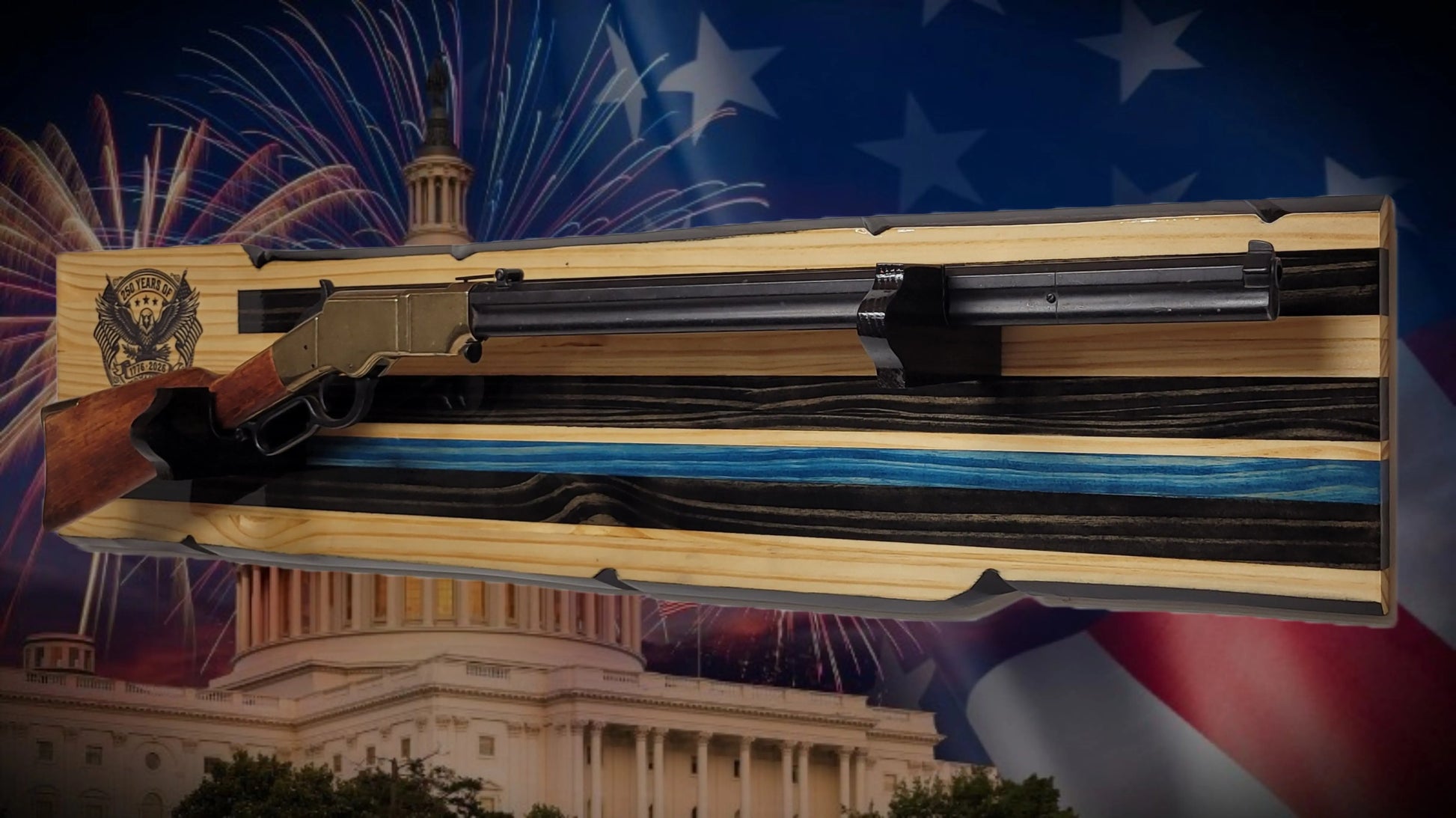 Walker Wood Gifts Gun Display Rustic 250th Freedom USA Lever Action Gun Display Blue Line Faux Live Edge Pine