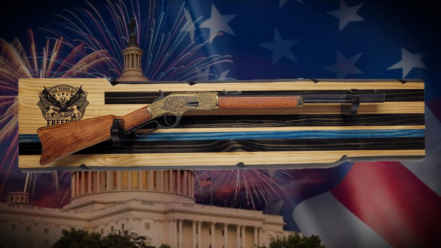 Walker Wood Gifts Gun Display Rustic 250th Freedom USA Lever Action Gun Display Blue Line Faux Live Edge Pine