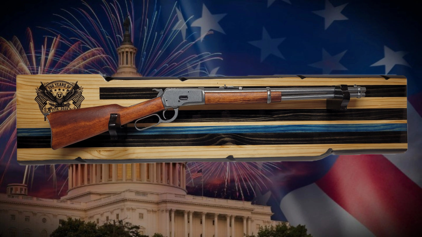 Walker Wood Gifts Gun Display Rustic 250th Freedom USA Lever Action Gun Display Blue Line Faux Live Edge Pine