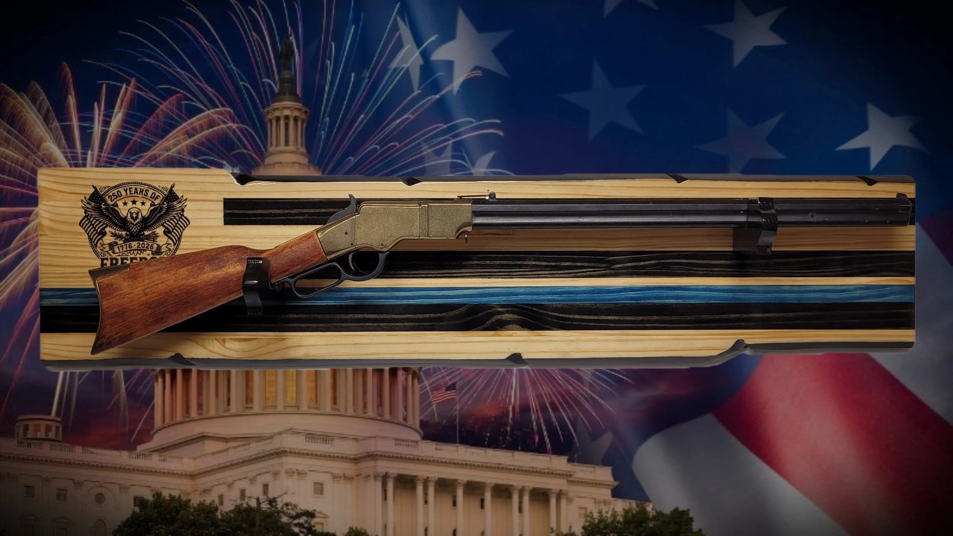 Walker Wood Gifts Gun Display Rustic 250th Freedom USA Lever Action Gun Display Blue Line Faux Live Edge Pine