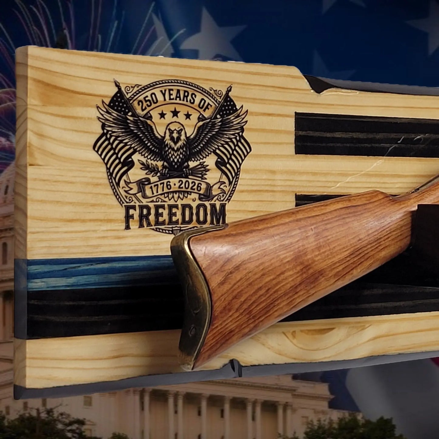 Walker Wood Gifts Gun Display Rustic 250th Freedom USA Lever Action Gun Display Blue Line Faux Live Edge Pine
