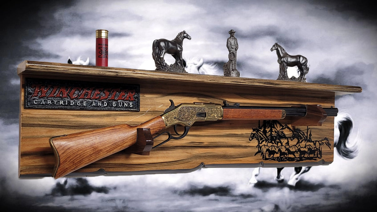Walker Wood Gifts Gun Display Rustic Faux Live Edge Knotty Pine Rifle Wall Display with Deep Shelf