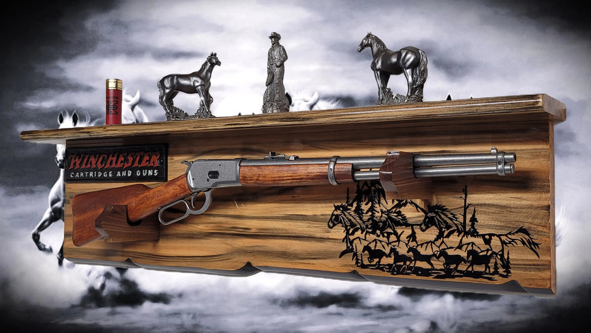Walker Wood Gifts Gun Display Rustic Faux Live Edge Knotty Pine Rifle Wall Display with Deep Shelf