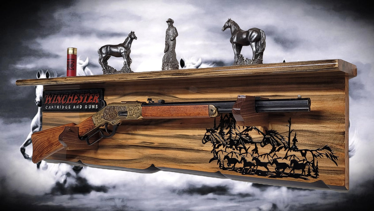 Walker Wood Gifts Gun Display Rustic Faux Live Edge Knotty Pine Rifle Wall Display with Deep Shelf