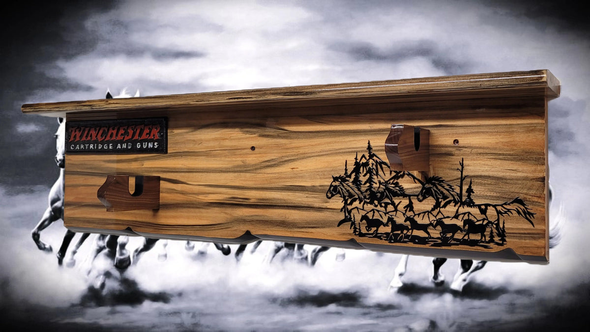 Walker Wood Gifts Gun Display Rustic Faux Live Edge Knotty Pine Rifle Wall Display with Deep Shelf
