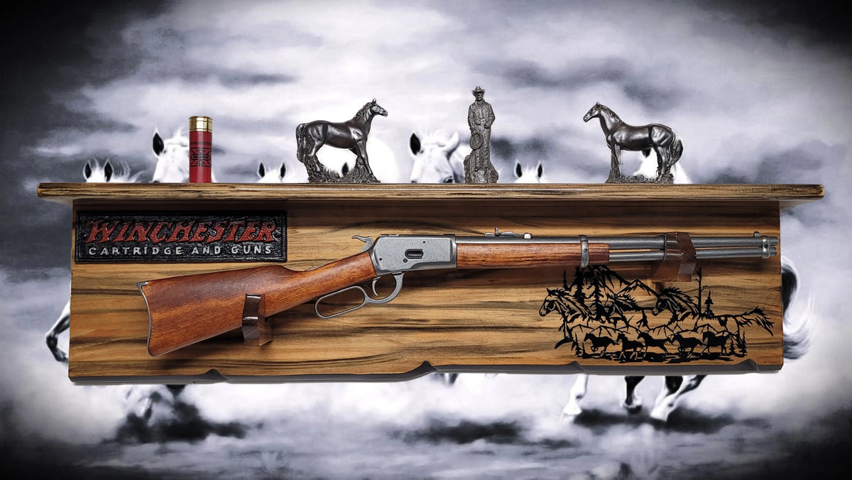 Walker Wood Gifts Gun Display Rustic Faux Live Edge Knotty Pine Rifle Wall Display with Deep Shelf