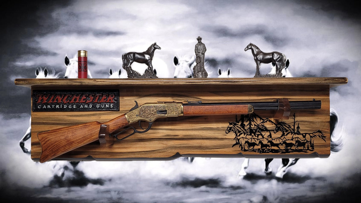 Walker Wood Gifts Gun Display Rustic Faux Live Edge Knotty Pine Rifle Wall Display with Deep Shelf