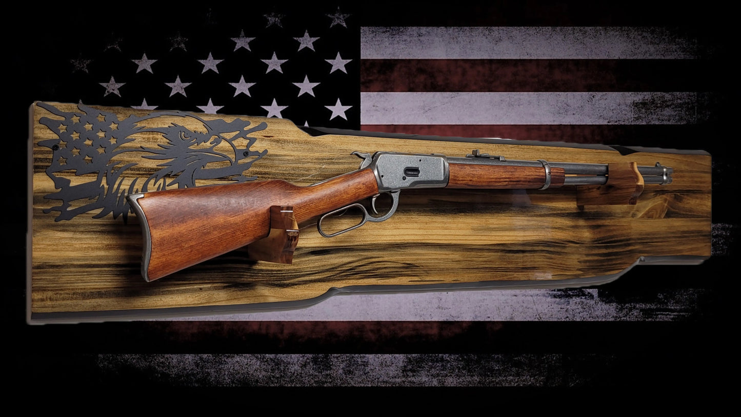Walker Wood Gifts Gun Display Rustic Faux Live Edge Lever Action Rifle Display | Knotty Pine Gun Rack | American Eagle Flag | Handmade Wall Mount