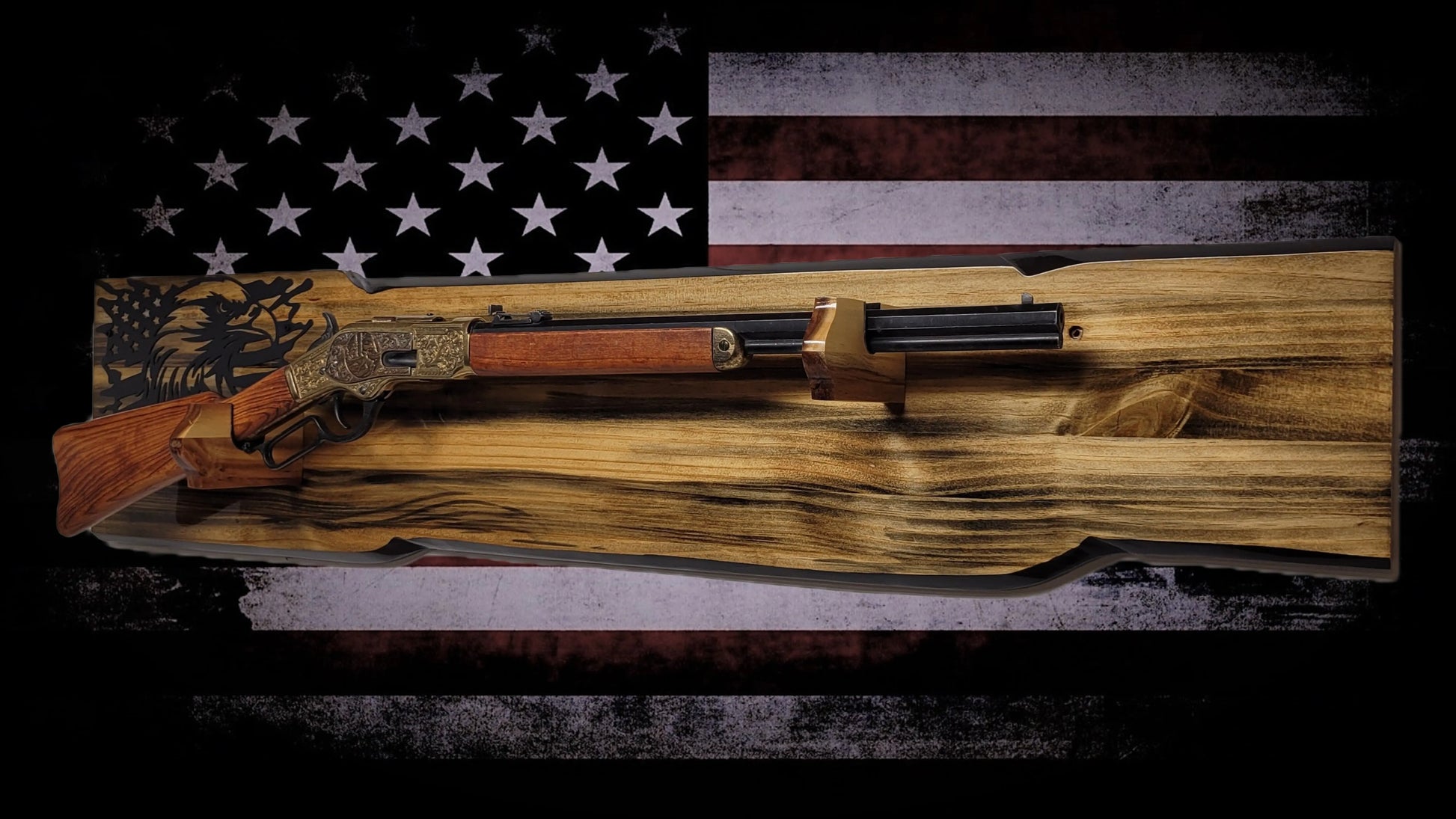 Walker Wood Gifts Gun Display Rustic Faux Live Edge Lever Action Rifle Display | Knotty Pine Gun Rack | American Eagle Flag | Handmade Wall Mount