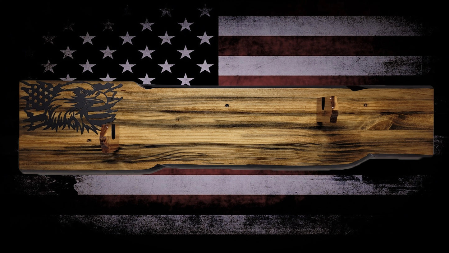 Walker Wood Gifts Gun Display Rustic Faux Live Edge Lever Action Rifle Display | Knotty Pine Gun Rack | American Eagle Flag | Handmade Wall Mount