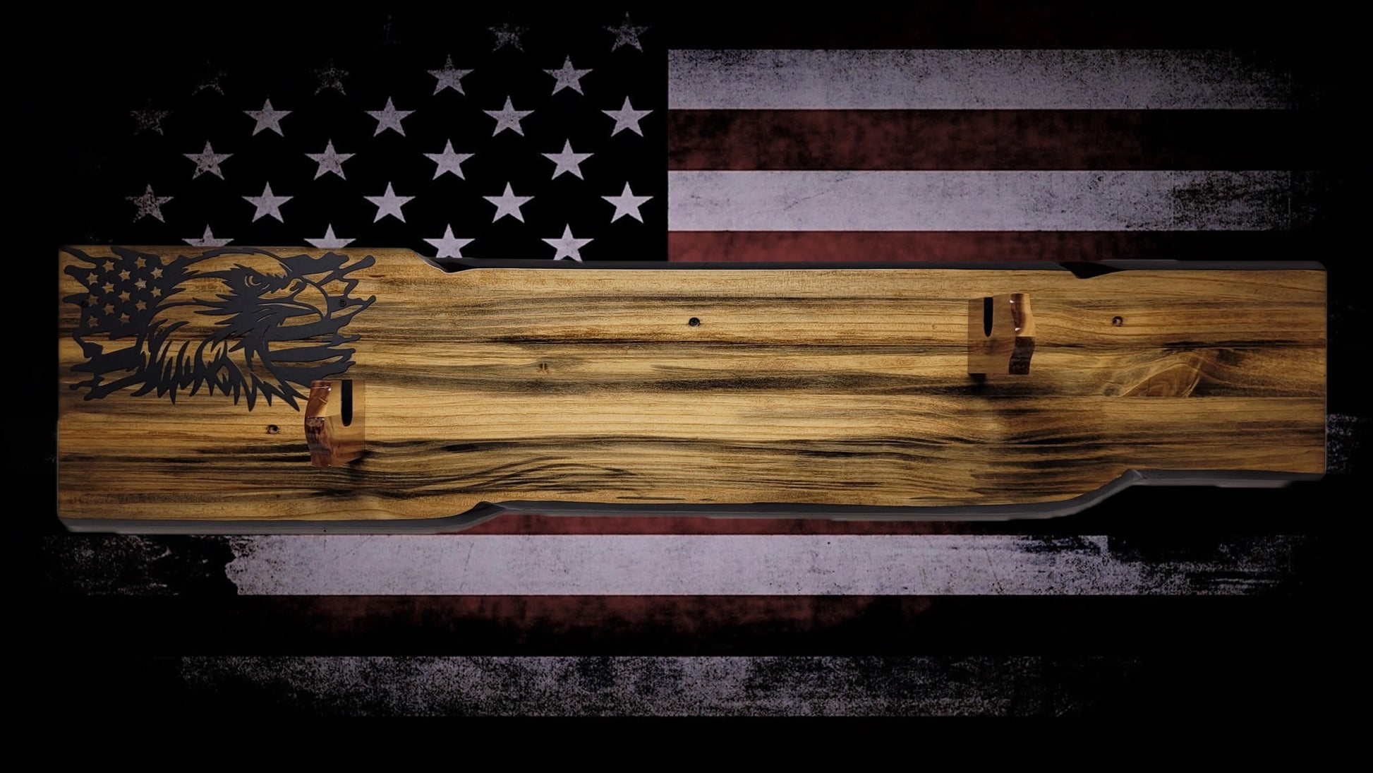 Walker Wood Gifts Gun Display Rustic Faux Live Edge Lever Action Rifle Display | Knotty Pine Gun Rack | American Eagle Flag | Handmade Wall Mount