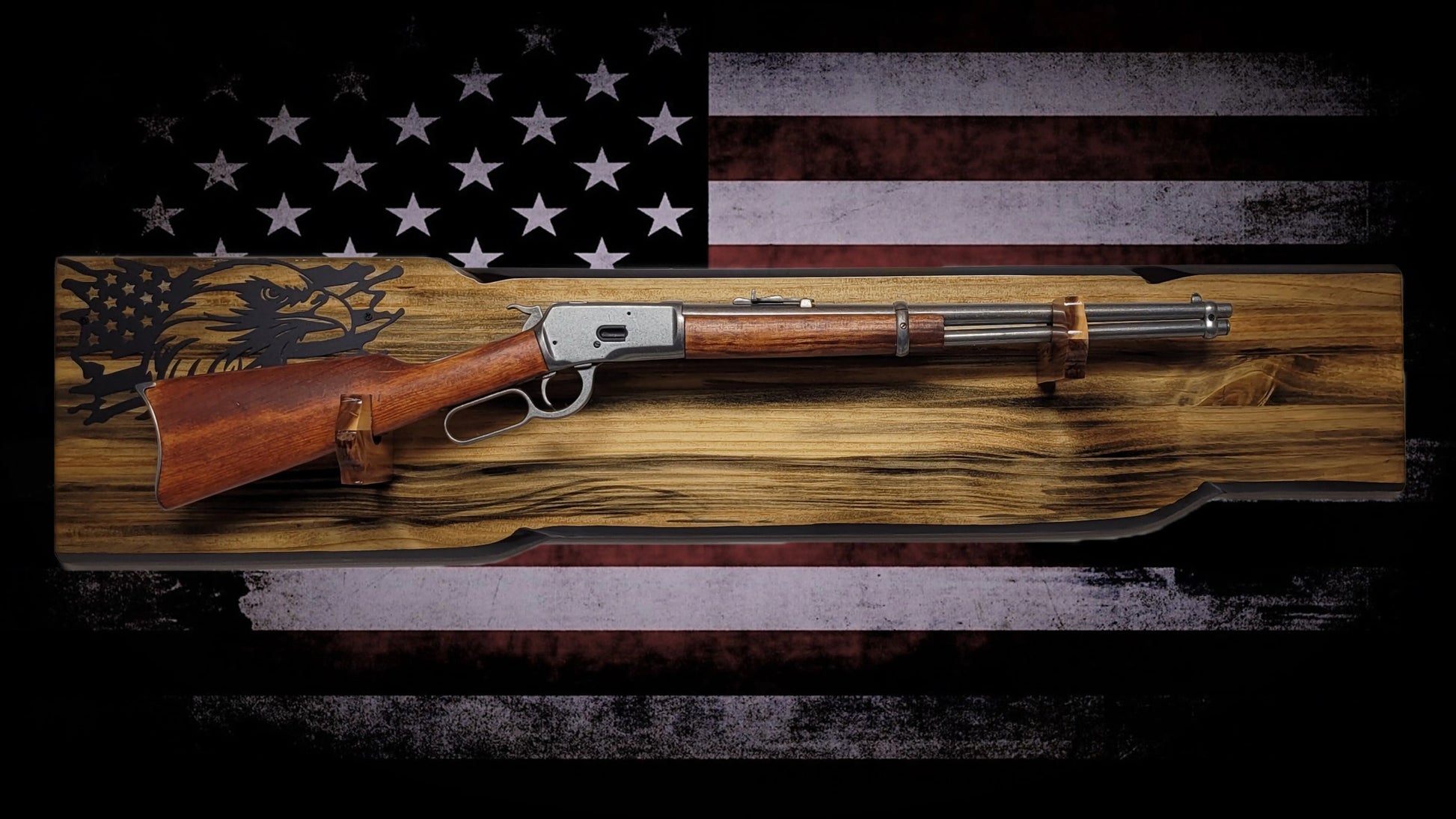 Walker Wood Gifts Gun Display Rustic Faux Live Edge Lever Action Rifle Display | Knotty Pine Gun Rack | American Eagle Flag | Handmade Wall Mount