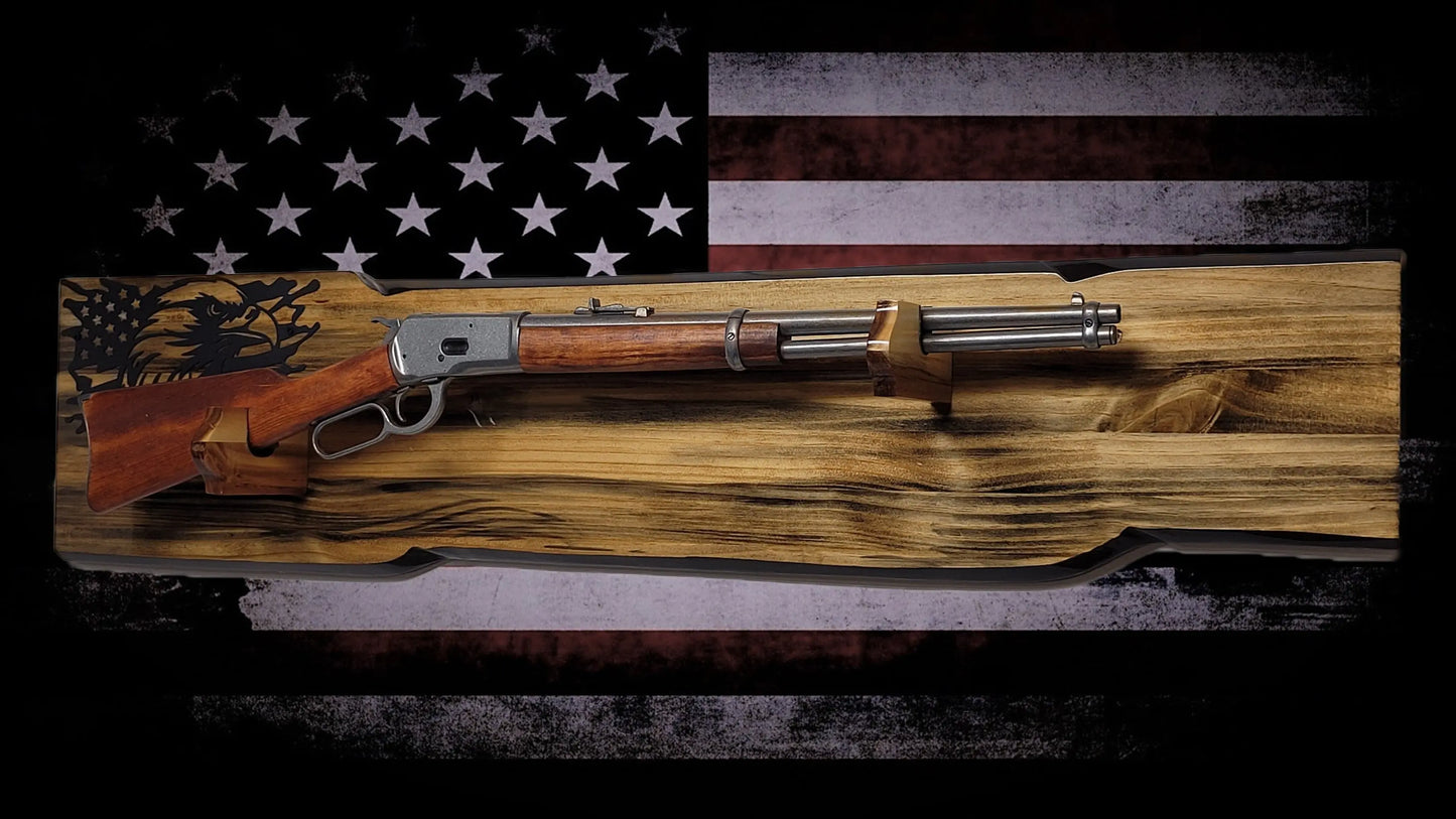 Walker Wood Gifts Gun Display Rustic Faux Live Edge Lever Action Rifle Display | Knotty Pine Gun Rack | American Eagle Flag | Handmade Wall Mount