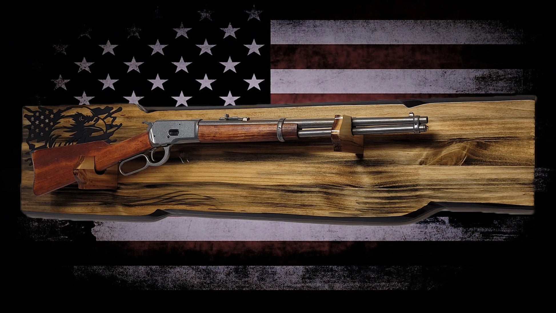 Walker Wood Gifts Gun Display Rustic Faux Live Edge Lever Action Rifle Display | Knotty Pine Gun Rack | American Eagle Flag | Handmade Wall Mount