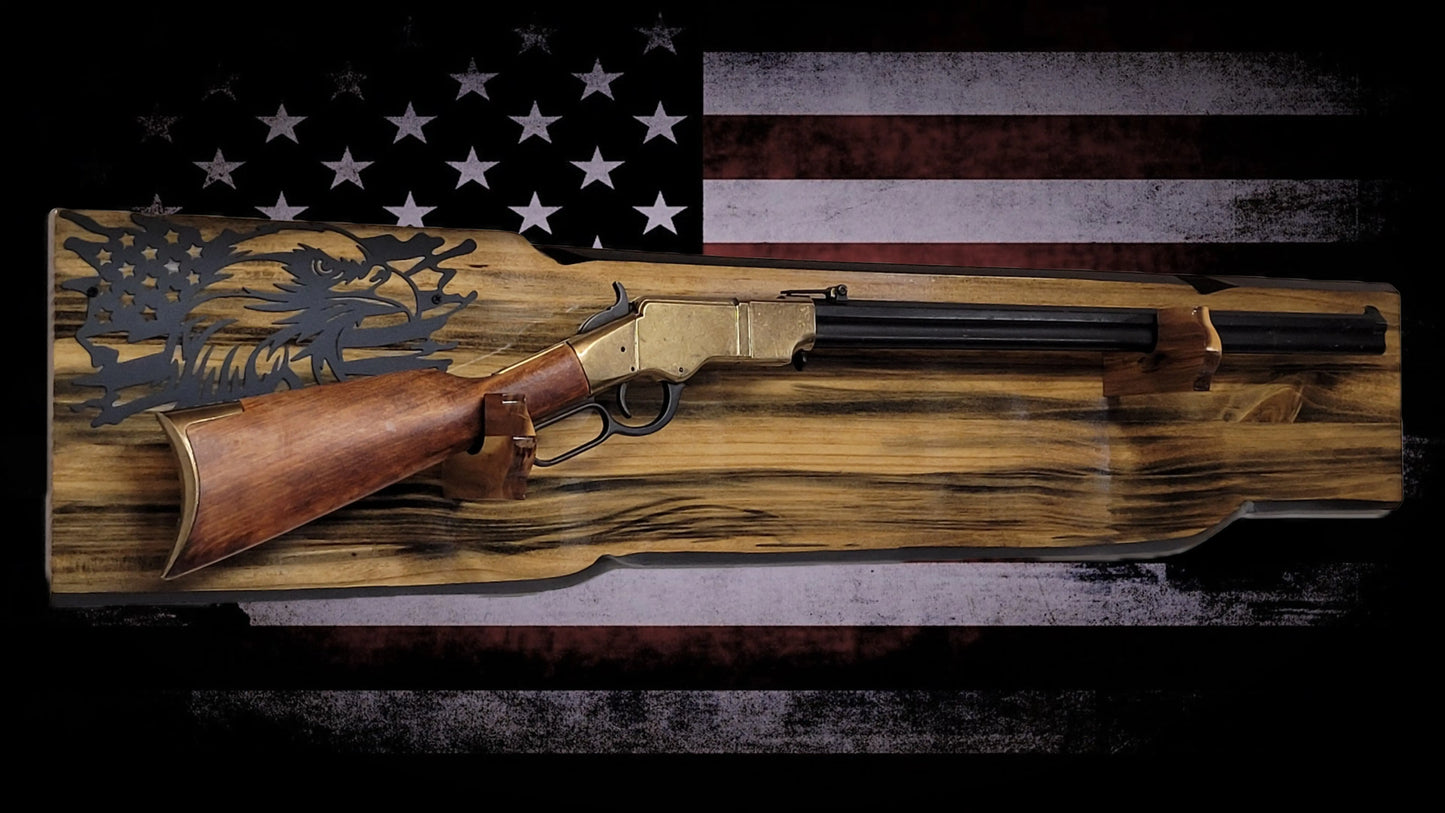 Walker Wood Gifts Gun Display Rustic Faux Live Edge Lever Action Rifle Display | Knotty Pine Gun Rack | American Eagle Flag | Handmade Wall Mount