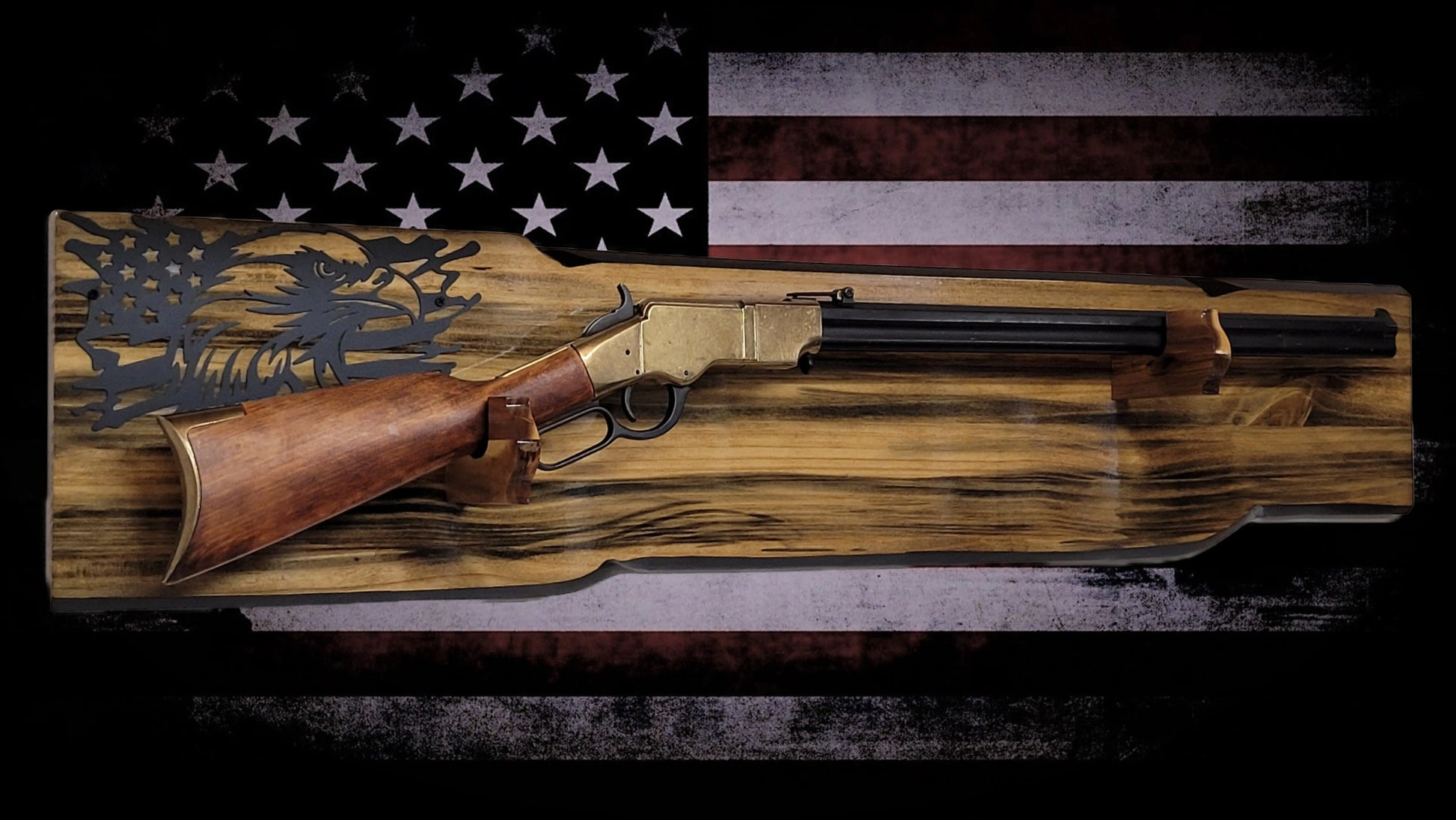 Walker Wood Gifts Gun Display Rustic Faux Live Edge Lever Action Rifle Display | Knotty Pine Gun Rack | American Eagle Flag | Handmade Wall Mount