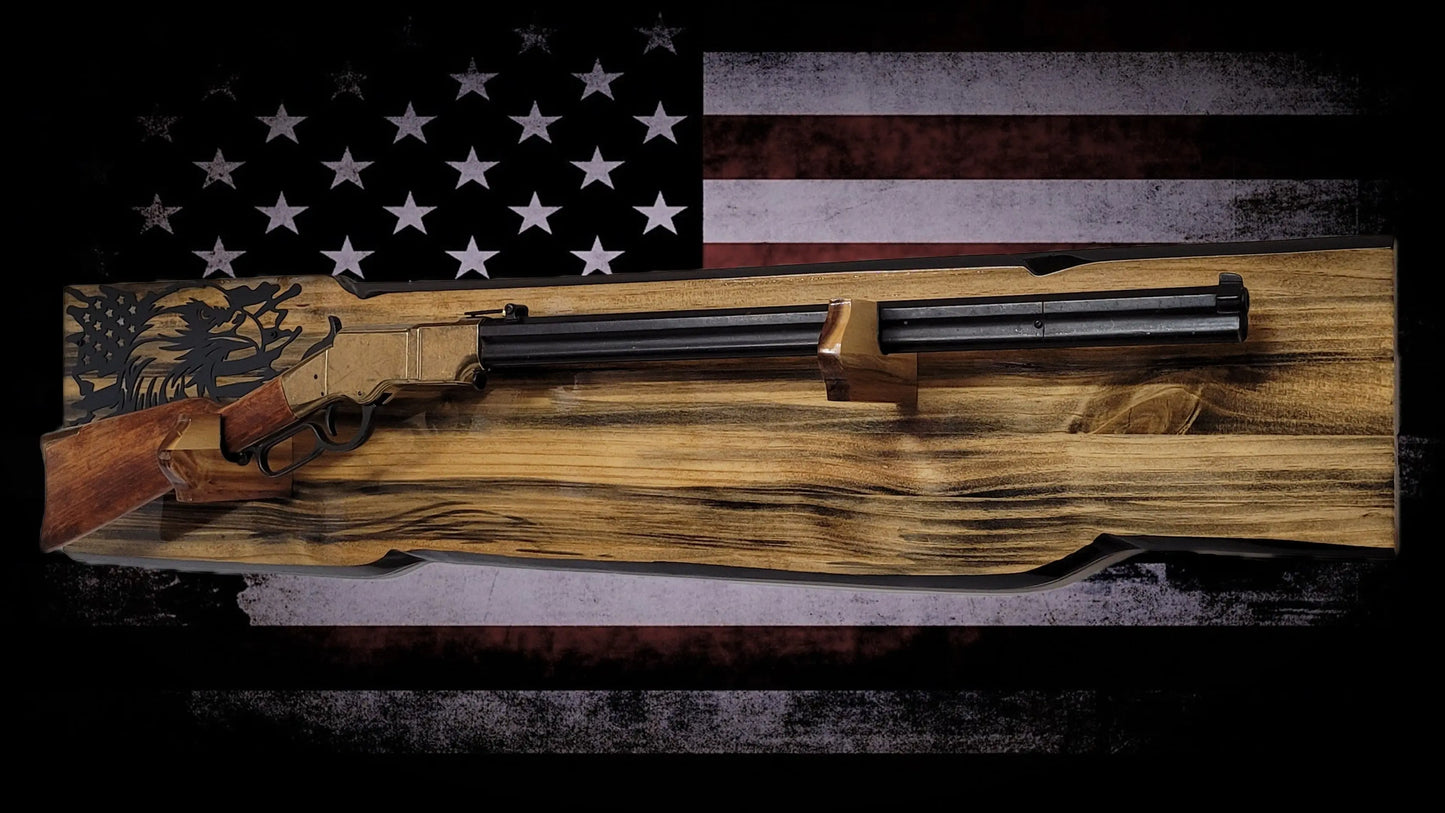 Walker Wood Gifts Gun Display Rustic Faux Live Edge Lever Action Rifle Display | Knotty Pine Gun Rack | American Eagle Flag | Handmade Wall Mount