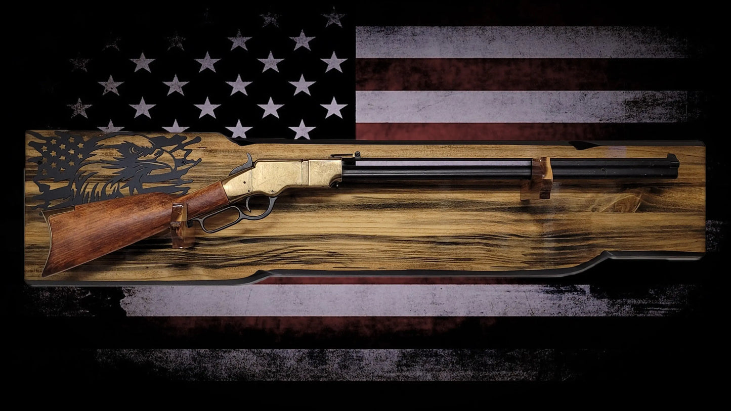 Walker Wood Gifts Gun Display Rustic Faux Live Edge Lever Action Rifle Display | Knotty Pine Gun Rack | American Eagle Flag | Handmade Wall Mount