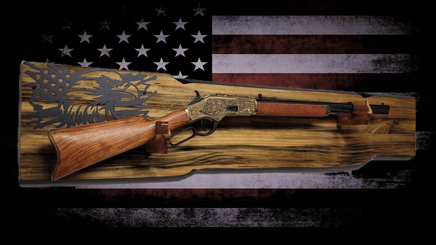 Walker Wood Gifts Gun Display Rustic Faux Live Edge Lever Action Rifle Display | Knotty Pine Gun Rack | American Eagle Flag | Handmade Wall Mount