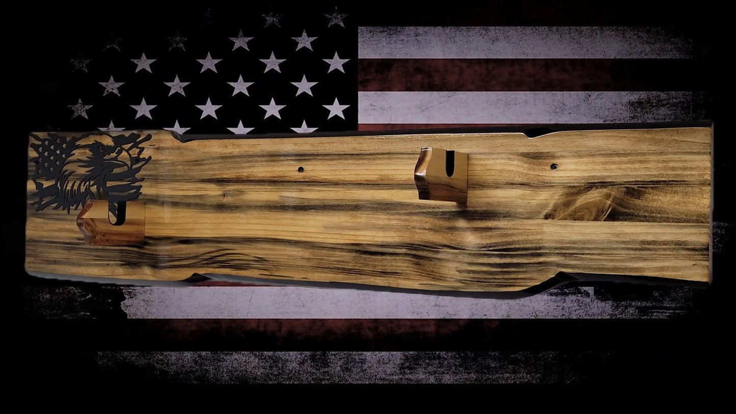 Walker Wood Gifts Gun Display Rustic Faux Live Edge Lever Action Rifle Display | Knotty Pine Gun Rack | American Eagle Flag | Handmade Wall Mount