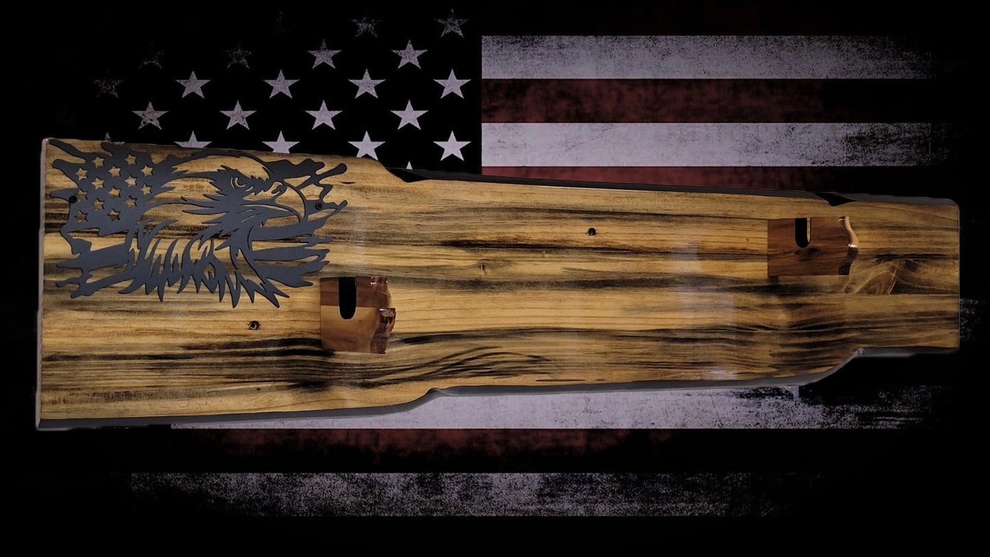 Walker Wood Gifts Gun Display Rustic Faux Live Edge Lever Action Rifle Display | Knotty Pine Gun Rack | American Eagle Flag | Handmade Wall Mount