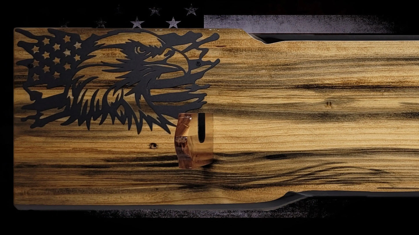Walker Wood Gifts Gun Display Rustic Faux Live Edge Lever Action Rifle Display | Knotty Pine Gun Rack | American Eagle Flag | Handmade Wall Mount
