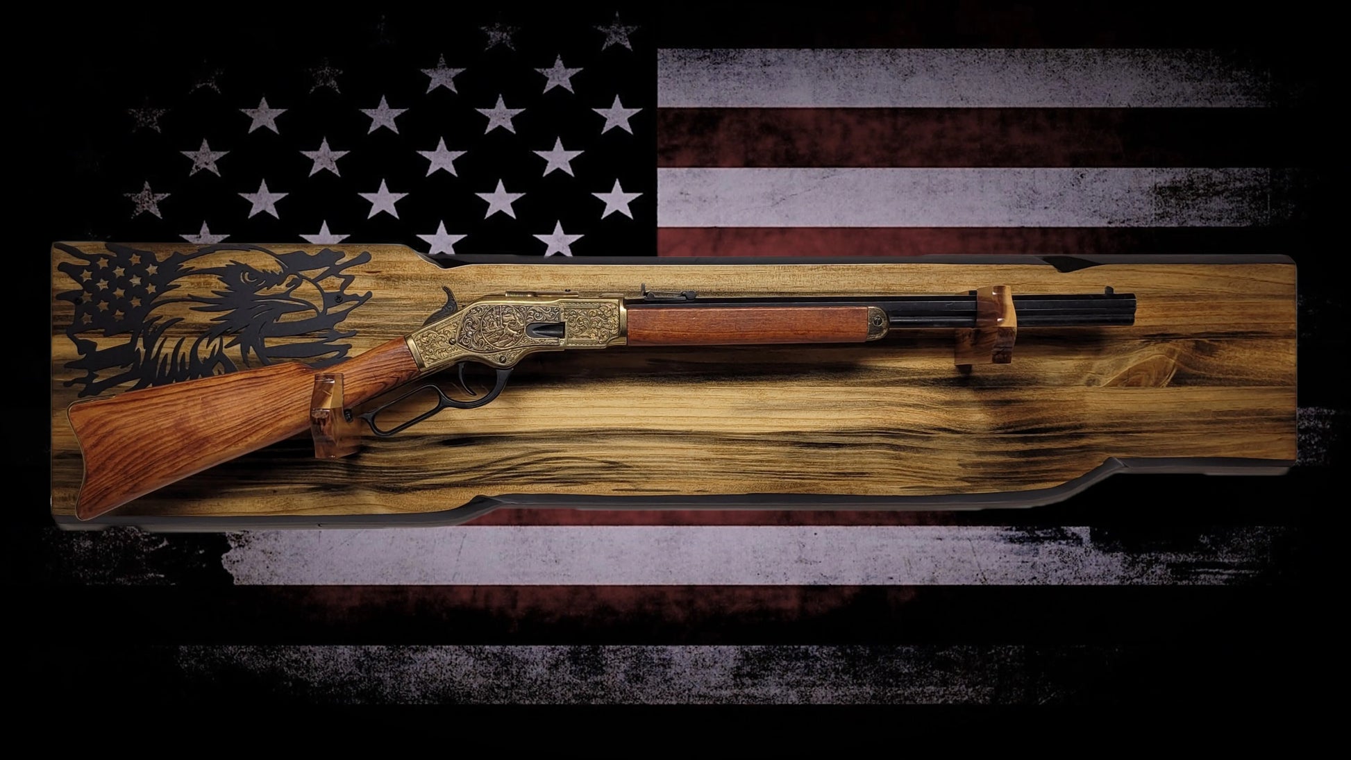 Walker Wood Gifts Gun Display Rustic Faux Live Edge Lever Action Rifle Display | Knotty Pine Gun Rack | American Eagle Flag | Handmade Wall Mount
