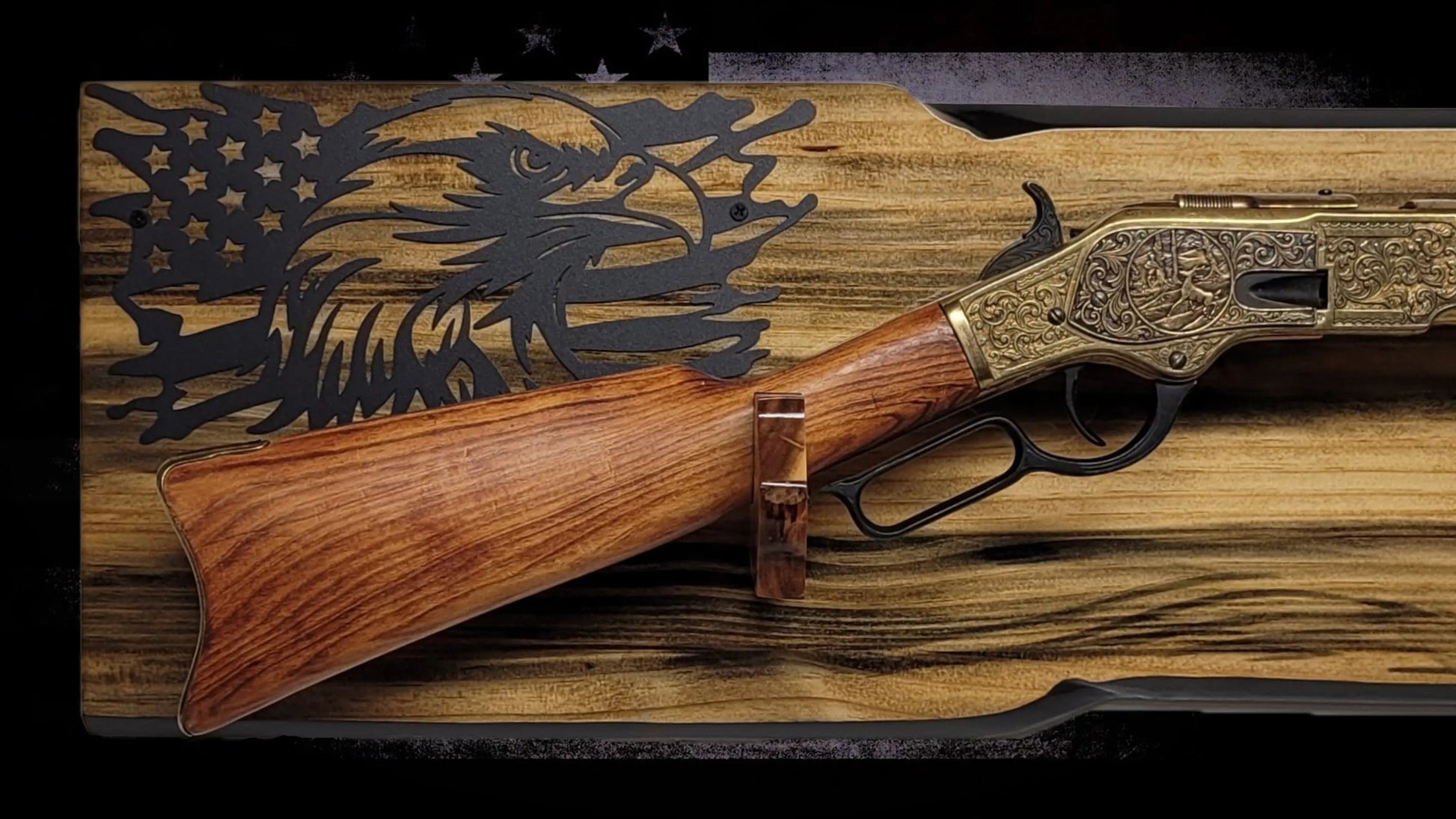 Walker Wood Gifts Gun Display Rustic Faux Live Edge Lever Action Rifle Display | Knotty Pine Gun Rack | American Eagle Flag | Handmade Wall Mount