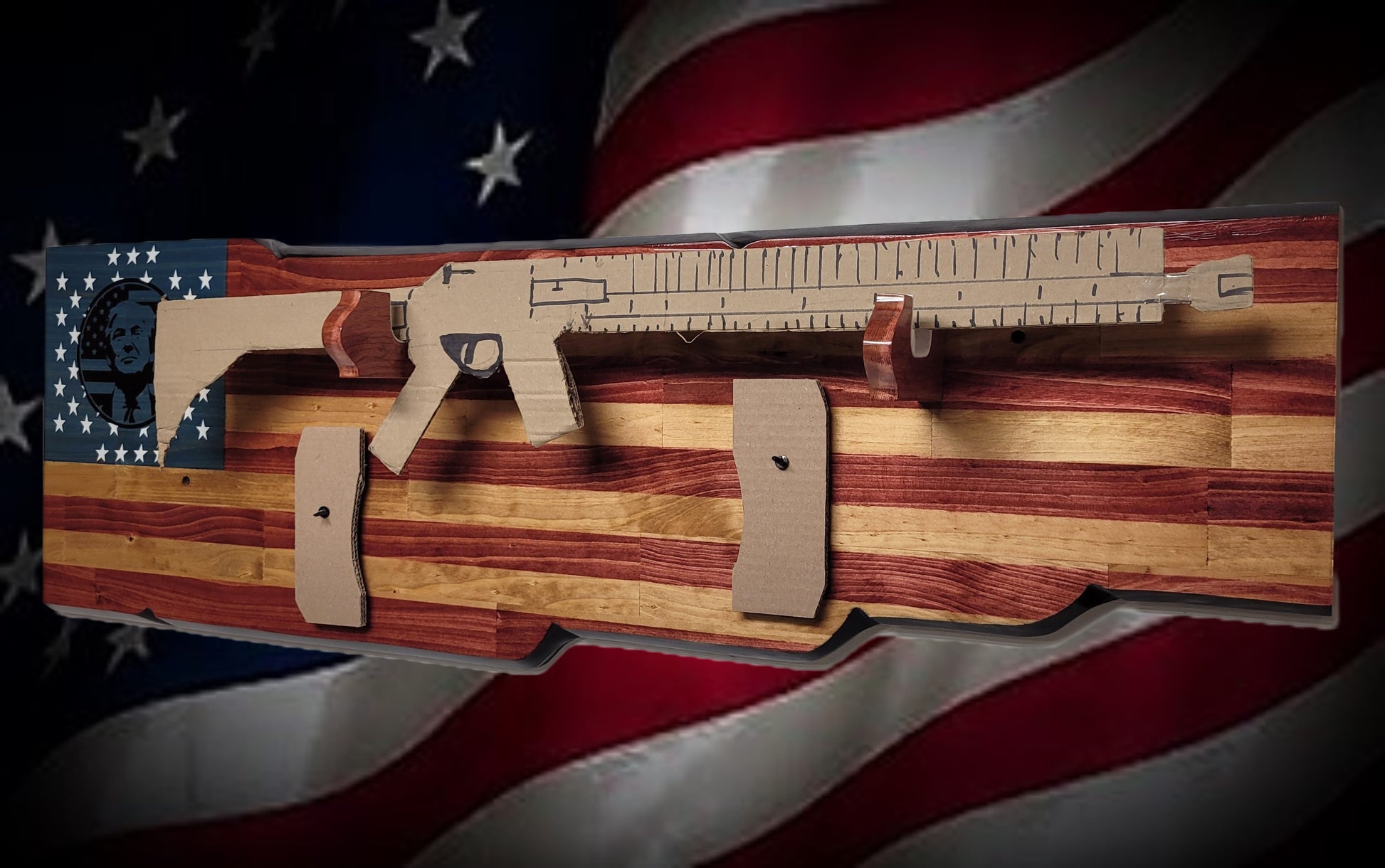 Walker Wood Gifts Gun Display Rustic Faux Live Edge Trump Old Glory Flag Rifle Display Collector Gift