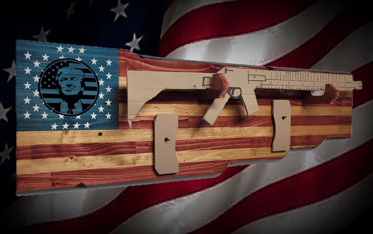 Walker Wood Gifts Gun Display Rustic Faux Live Edge Trump Old Glory Flag Rifle Display Collector Gift