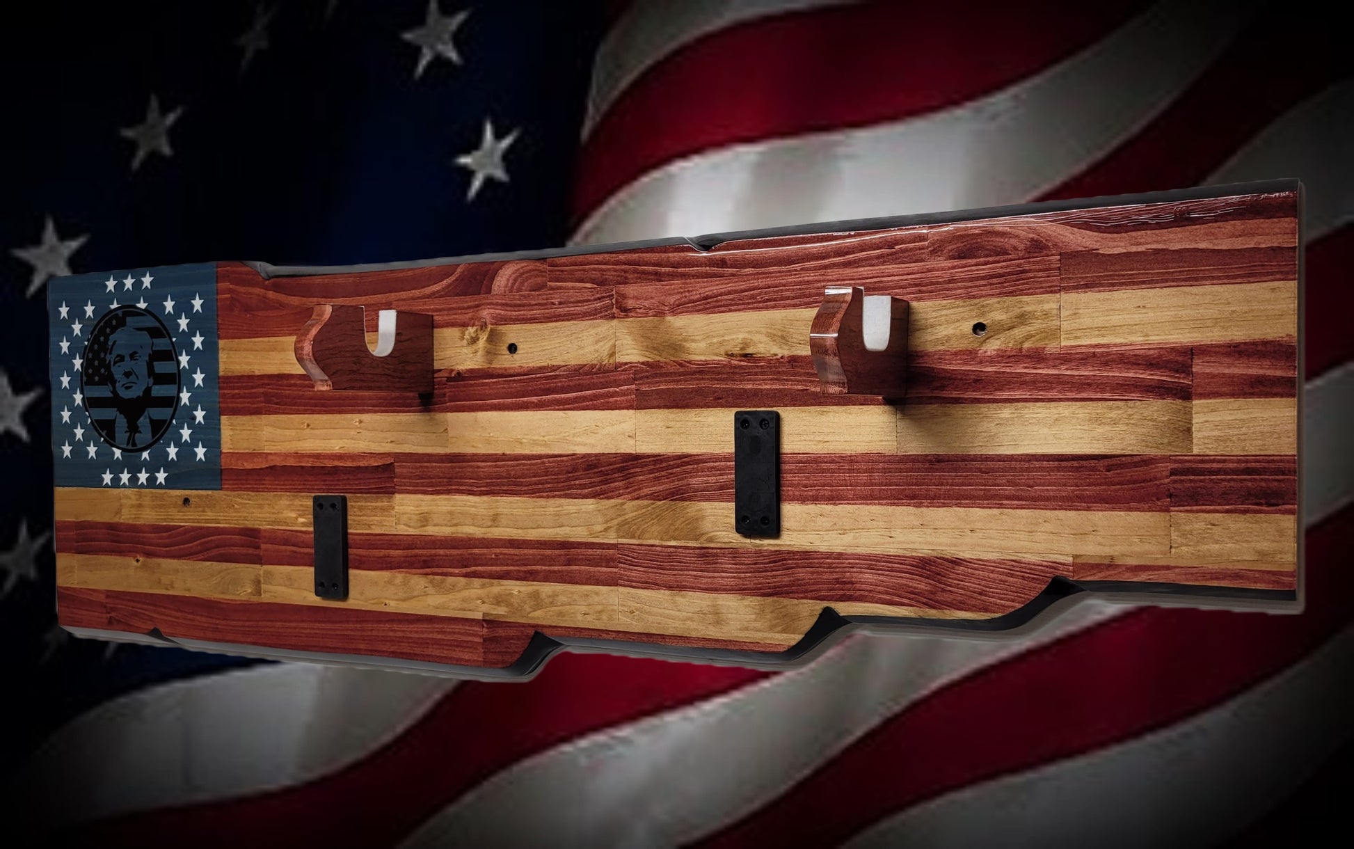 Walker Wood Gifts Gun Display Rustic Faux Live Edge Trump Old Glory Flag Rifle Display Collector Gift