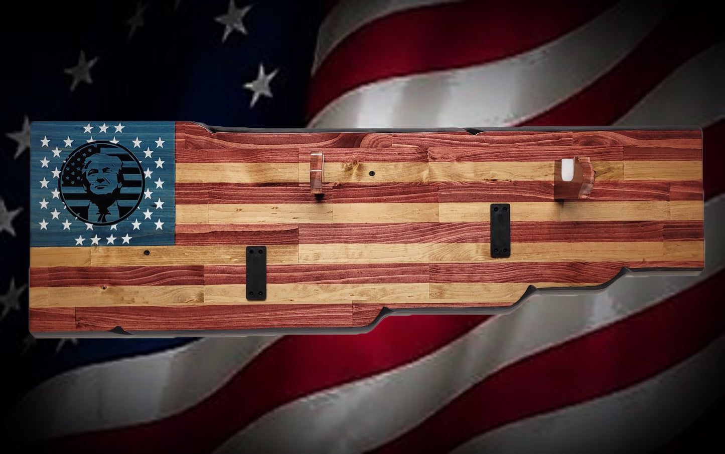 Walker Wood Gifts Gun Display Rustic Faux Live Edge Trump Old Glory Flag Rifle Display Collector Gift