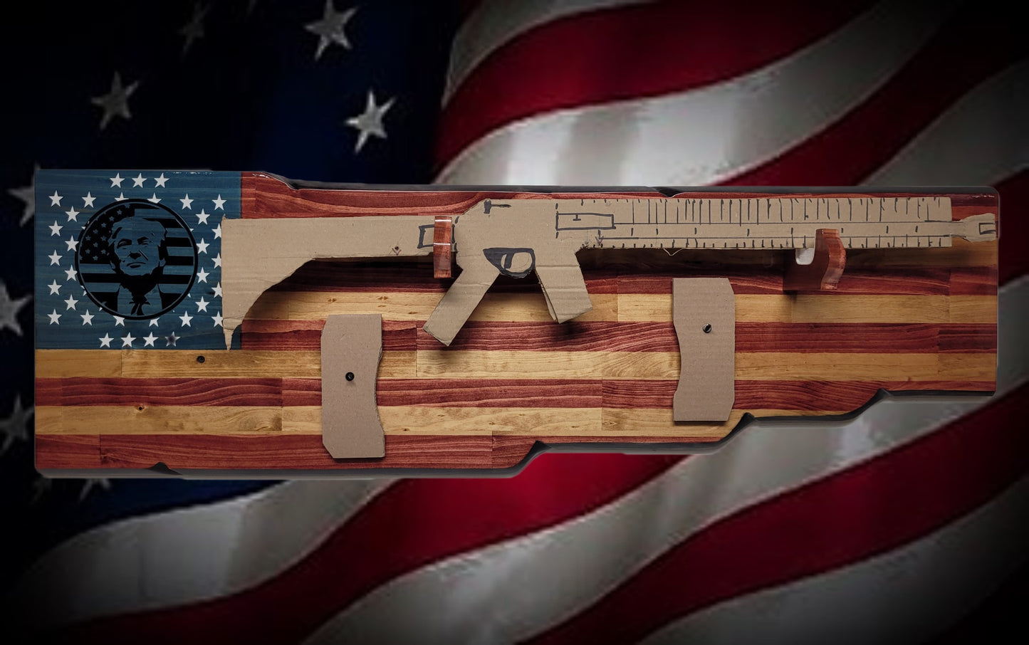 Walker Wood Gifts Gun Display Rustic Faux Live Edge Trump Old Glory Flag Rifle Display Collector Gift