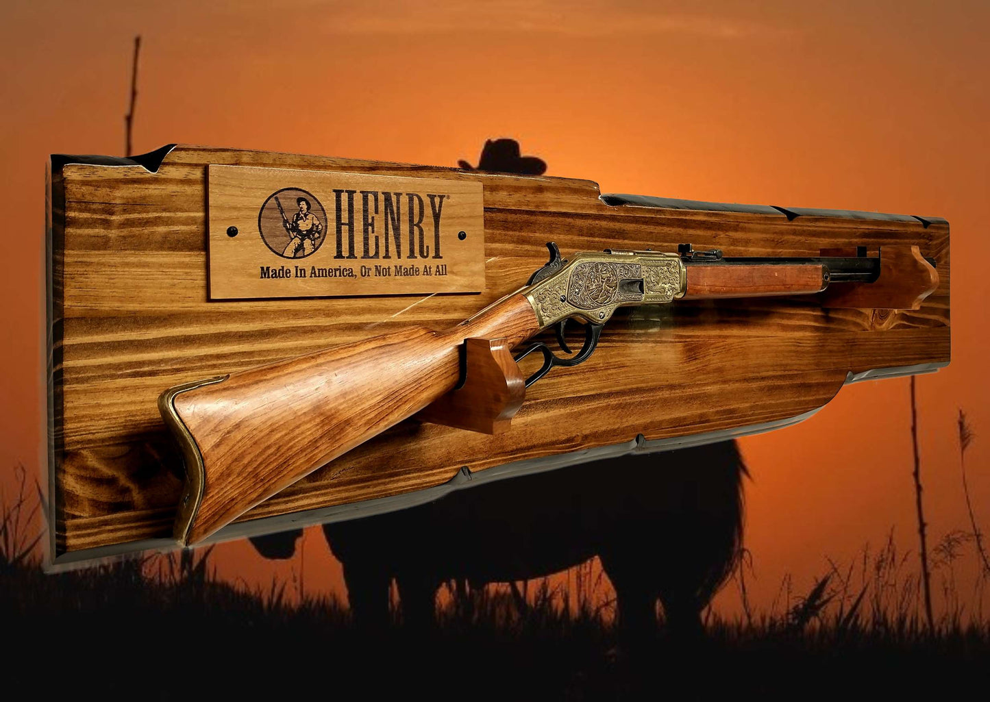 Walker Wood Gifts Gun Display Rustic Lever Action Henry Gun Rack Display Rifle Faux Live Edge Knotty Pine Cabin Décor Collectors Gift