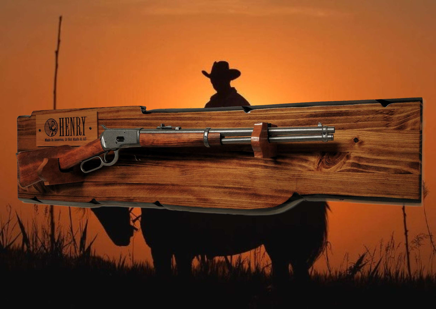 Walker Wood Gifts Gun Display Rustic Lever Action Henry Gun Rack Display Rifle Faux Live Edge Knotty Pine Cabin Décor Collectors Gift