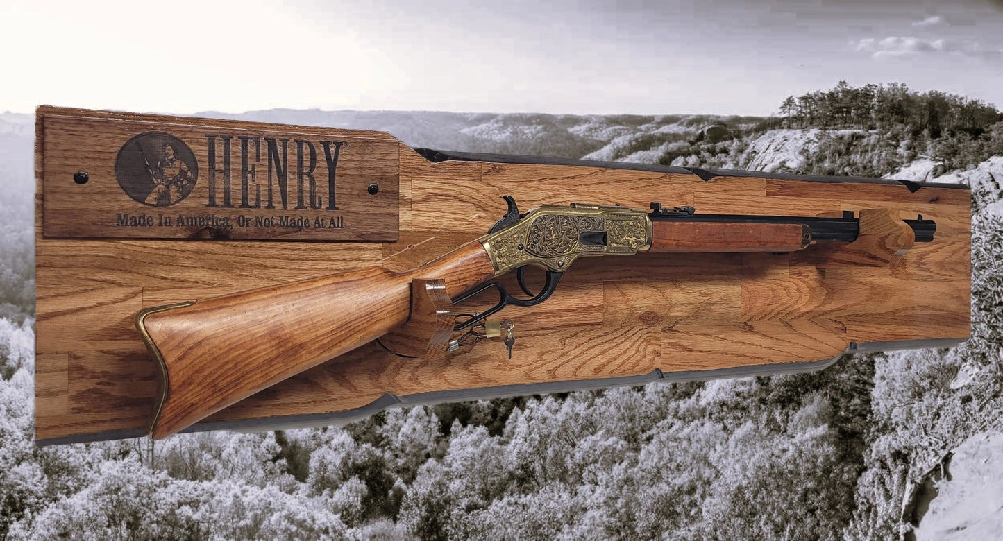 Walker Wood Gifts Gun Display Rustic Lever Action Henry Rifle Display Cabin Oak with Lock Collectors Gift
