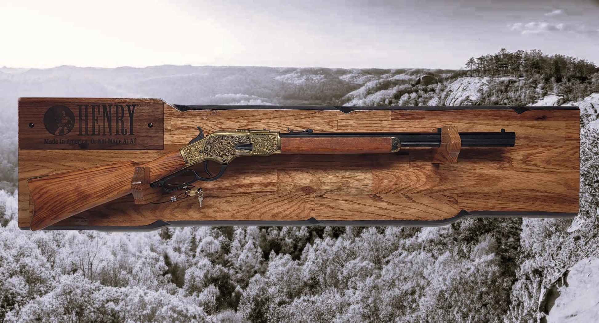 Walker Wood Gifts Gun Display Rustic Lever Action Henry Rifle Display Cabin Oak with Lock Collectors Gift