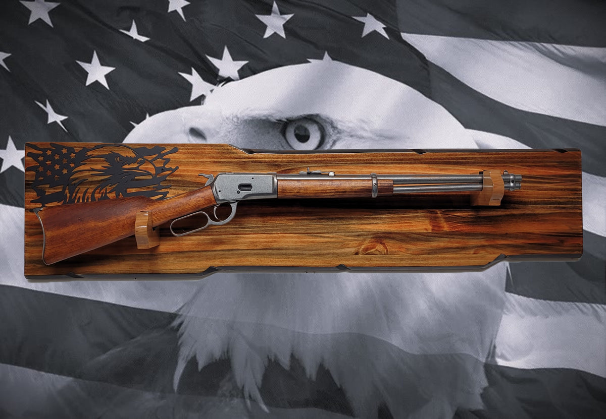 Walker Wood Gifts Gun Display Rustic Lever Action Wall Rifle Display Black Eagle Knotty Pine Faux Live Edge
