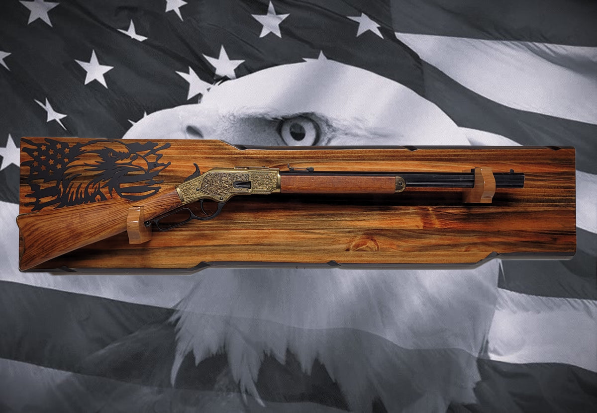 Walker Wood Gifts Gun Display Rustic Lever Action Wall Rifle Display Black Eagle Knotty Pine Faux Live Edge
